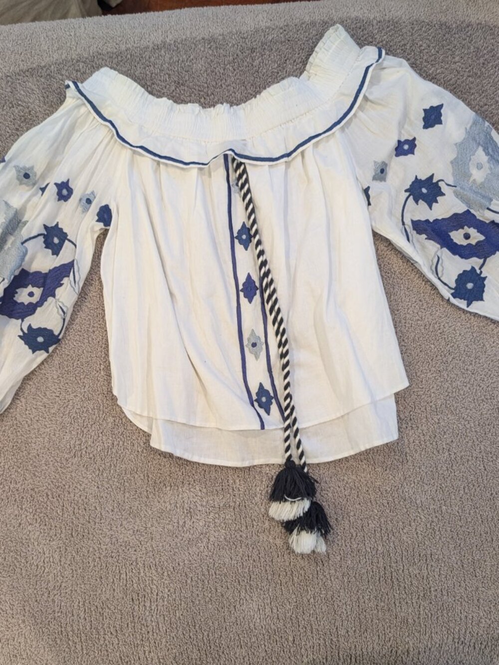 MISA Embroidered Boho Blouse • White/Blue • Size L